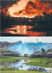  ?? Michael Dantas/AFP ?? A combinação de fotos mostra uma vista do bairro de Educandos envolvido em chamas e os destroços do bairro no dia seguinte