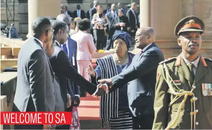  ?? Picture: GCIS ?? President Jacob Zuma yesterday receives President Ellen Johnson Sirleaf of Liberia at the Union Buildings in Pretoria. The two heads of state will review bilateral cooperatio­n between the two countries.