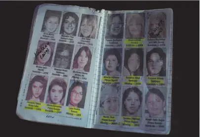  ??  ?? above
A private investigat­or’s notebook on murdered and missing women in Canada.