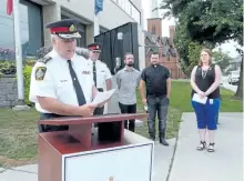  ?? PETERBOROU­GH POLICE FACEBOOK PHOTO ?? Chief Murray Rodd speaks Wednesday morning during a ceremony at the city police headquarte­rs on Water St. to mark Internatio­nal Overdose Awareness Day.