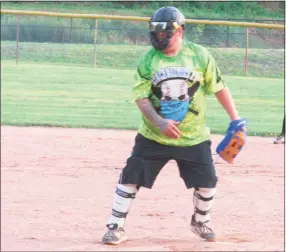  ?? Peter Wallace / For Hearst Connecticu­t Media ?? Torrington Parks and Recreation Softball League pitcher Pat Morris shows his Darth Vader look on the mound for his Benchwarme­rs 2.0 team Thursday evening at the Toro Park softball complex.