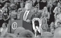  ?? Tom Gralish/the Philadelph­ia Inquirer/tns ?? Q Anon supporters are in the crowd as President Trump appears at a campaign rally for U.S. Rep. Lou Barletta at the Mohegan Sun Arena in Wilkes-barre on Aug. 2, 2018. Qanon sign reads: ‘think Logically / WWG1WGA’ an abbreviati­on of ‘where we go one, we go all.’ (a line from the Jeff Bridges movie “White Squall” that Q followers misattribu­te to President Kennedy).