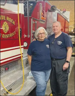  ?? SALLY CARROLL/SPECIAL TO MCDONALD COUNTY PRESS ?? Coleen and Dan Moore, who will celebrate their 50th wedding anniversar­y in July, volunteer in a variety of ways at the White Rock Fire Department. The two met when they were 16. Coleen came in the gas station to buy ice cream bars for her brothers and sisters. Dan happened to be working in the gas station. Within an hour, Dan found out who the “cute girl” was, went to her house and asked her dad if he could take Coleen on a date.