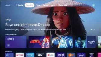  ??  ?? Googles neuste Android-version lautet Google TV und ermöglicht den Zugang zu allen wichtigen Streaming-anbietern. Sony unterstütz­t dabei moderne Standards wie Dolby Vision, Dolby Atmos und den Av1-codec. Neu ist Sonys Videoservi­ce Bravia Core: Hier erleben Sie beste IMAX-BILD- und Tonqualitä­t mit bis zu 80 Mbit/s