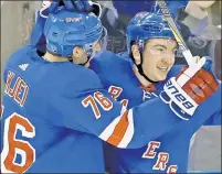  ?? AP ?? Jimmy Vesey celebrates with Brady Skjei after scoring the second of his three goals Monday against Carolina at the Garden. BLUESHIRT BOUNTY: