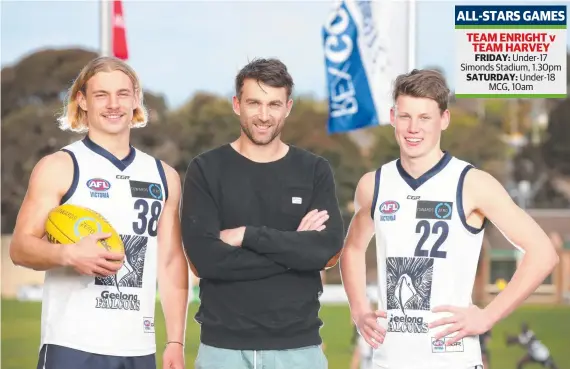  ??  ?? Cats great Corey Enright with James Worpel (left) and Sam Walsh ahead of this weekend’s under-18 and under-17 NAB All-Stars clashes. Picture: PETER RISTEVSKI