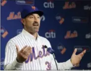  ?? KATHY WILLENS — THE ASSOCIATED PRESS ?? Mets new manager Mickey Calloway gestures after he was introduced to the media, Monday at CitiField in New York.