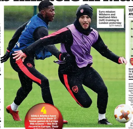  ?? GETTY IMAGES ?? Euro mission: Wilshere and Maitland-Niles (left) training in London yesterday