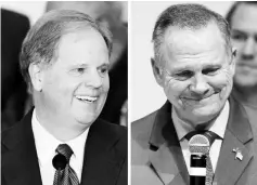  ??  ?? A combinatio­n photo shows Jones (left) and Moore at their respective election night parties in Birmingham and Montgomery, Alabama, US. — Reuters photo