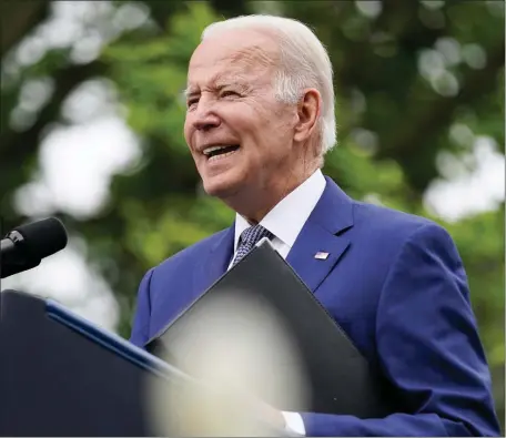  ?? AP FILE ?? WHO IS DERANGED NOW?: President Biden speaks in the Rose Garden of the White House in Washington on May 13 during an event to highlight state and local leaders who are investing American Rescue Plan funding.