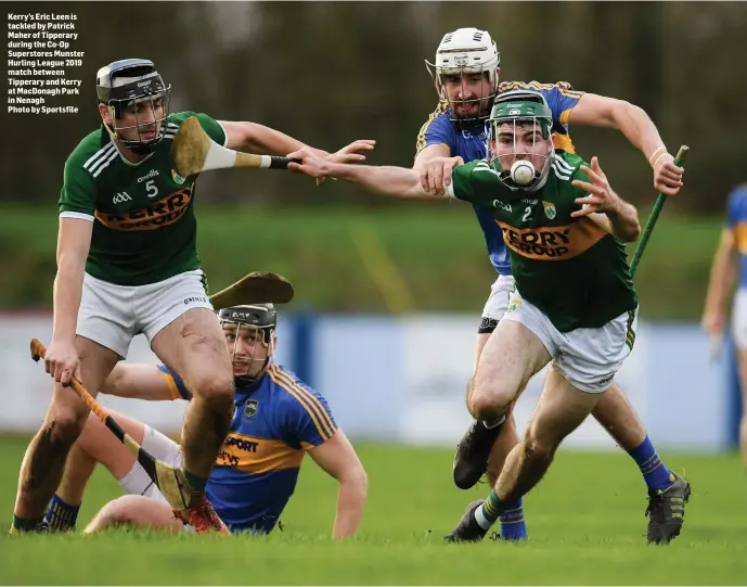  ??  ?? Kerry’s Eric Leen is tackled by Patrick Maher of Tipperary during the Co-Op Superstore­s Munster Hurling League 2019 match between Tipperary and Kerry at MacDonagh Park in Nenagh Photo by Sportsfile