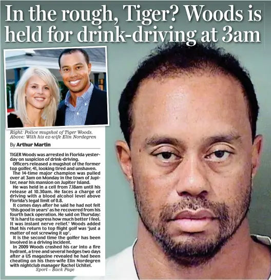  ??  ?? Right: Police mugshot of Tiger Woods. Above: With his ex-wife Elin Nordegren