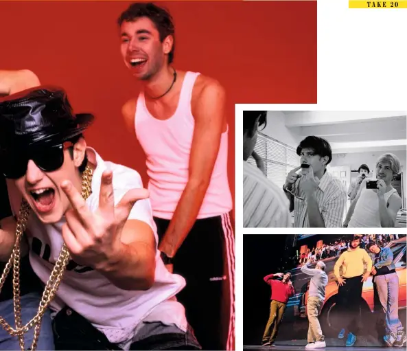  ??  ?? Clockwise from
main: Beastie Boys (from left, Adam ‘Ad-rock’ Horovitz, Michael ‘Mike D’ Diamond and Adam ‘MCA’ Yauch) in 1987; Director Spike Jonze, with Mike D and MC, sampling wigs and moustaches for the ‘Sabotage’ music video in 1994; Ad-rock and Mike D ch-ch-check it out on the stage of their ‘live documentar­y’.