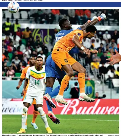  ?? GETTY IMAGES ?? Head start: Gakpo beats Mendy to De Jong’s pass to nod the Netherland­s ahead