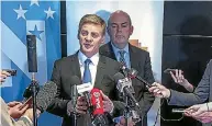  ?? ROBERT KITCHIN / STUFF ?? Bill English espoused a ‘‘strong, confident New Zealand’’, with lieutenant Steven Joyce always at his shoulder.