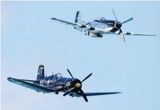  ??  ?? Above, thousands of spectators lined the beach for the air show on Saturday. Above left, the Geico Skytypers go through their routine. At left, a Quicksilve­r P-51, top, and a 4-FU Corsair, both WWII-era aircraft, perform.