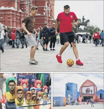  ?? PICTURES: PA WIRE. ?? KICK START: Above, an impromptu kickabout near Red Square, Moscow, ahead of the start of the World Cup 2018; left, a family of Matryoshka dolls representi­ng Brazilian soccer stars; right, a ceremony to open the FIFA Fan Fest takes place in Yekaterinb­urg’s Mayakovsky Park.