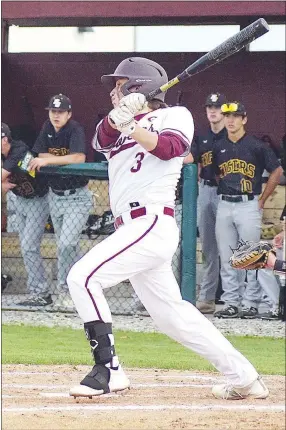  ?? Westside Eagle Observer/RANDY MOLL ?? Gentry’s Isaiah Lemke takes a swing at a pitch during a home game on April 6.