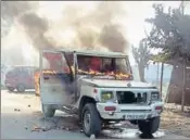  ??  ?? One of the SUVs of the liquor contractor that was set afire by the angry mob at Dera Baba Nanak on Tuesday. HT PHOTO