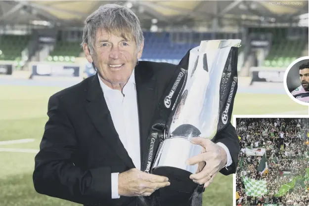  ?? PICTURE: CRAIG FOY/SNS ?? 2 Sir Kenny Dalglish poses with the Pro14 silverware at Scotstoun. The former Celtic player knows more than most about the terrific atmosphere that can be generated by supporters inside Parkhead. Dalglish isn’t a rugby man but maintains a passing interest in the sport largely because his son-in-law Nicky Robinson, inset, is a former Cardiff, Gloucester and
Wales stand-off.