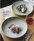  ??  ?? Mark Wright plates up at Mayura Station (far left); beef with celeriac and striped trumpeter at Templo (left and below left); Farmhouse Restaurant at Pialligo Estate