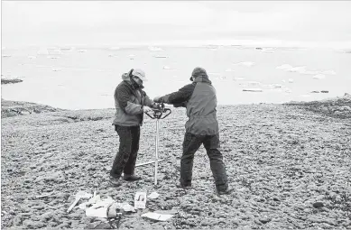  ?? P. BOELEN BRITISH ANTARCTIC SURVEY ?? Peter Convey, an ecologist with the British Antarctic Survey, takes samples of moss with his research team in Antarctica.
