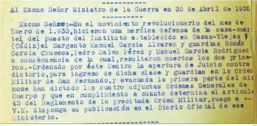  ??  ?? Texto enviado por la Inspección General de la Guardia Civil al Ministerio de la Guerra (1935).