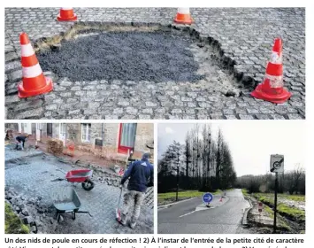  ??  ?? Un des nids de poule en cours de réfection ! 2) À l’instar de l’entrée de la petite cité de caractère côté Vieux pont, les petits pavés de granit gris enjolivent les rues du bourg. 3) Vue générale, côté cimetière, du Quai Val de Rance, désormais...