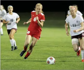  ??  ?? BELOW LEFT: Plymouth’s Lindsay Janus (6) and CGA’S Quinn Bird (11) chase after a loose ball.