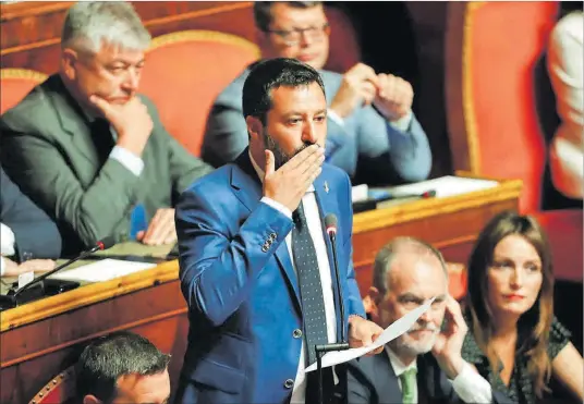  ?? REMO CASILLI ?? El ministro del Interior italiano, Matteo Salvini, durante su intervenci­ón de ayer en el Senado en Roma.