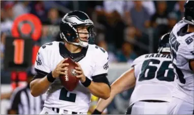  ?? THE ASSOCIATED PRESS ?? The Eagles’ Matt Barkley is no longer the third quarterbac­k. He’s now Mark Sanchez’s backup. Including this outing Aug. 21 against the Steelers, Barkley finished with 495yards passing in the preseason, ninth overall in exhibition rankings.