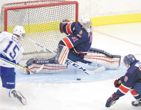  ?? TROY FLEECE ?? Goalie Tyler Brown, shown in action during the pre-season, grabbed the No. 1 job last year and is a key to the success of the Regina Pats.