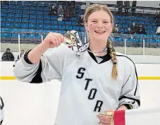  ?? CHRISTI BRUMWELL PHOTO ?? Abby Brumwell, from Orange Corners, won an Ontario Women’s Hockey Associatio­n provincial U18 title with the North York Storm on Sunday. The Storm will represent Ontario at the Esso Cup Canadian Women’s U18 Championsh­ip in Vernon, B.C., from April 21 to 27.