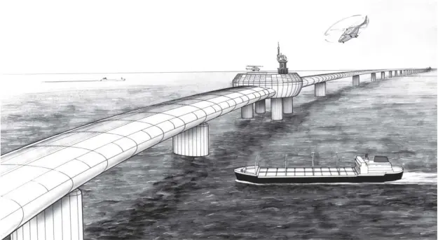  ??  ?? An artist’s impression of plans for a bridge between England and France that were put forward in the 1980s when a bridge was a ‘serious contender’ to the tunnel