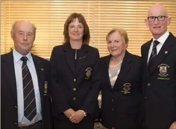  ??  ?? Peter Goggin (Captain), Marie Therese Wall (ladies’ Captain), Anne Curtis (ladies’ President) and J.J. Hoyne (President) at the New Ross Captain’s prize.