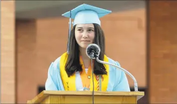  ?? Christian Abraham / Hearst Connecticu­t Media ?? Valedictor­ian Jessica Lockwood speaks during the Oxford High School Class of 2020 commenceme­nt in Oxford on Tuesday.