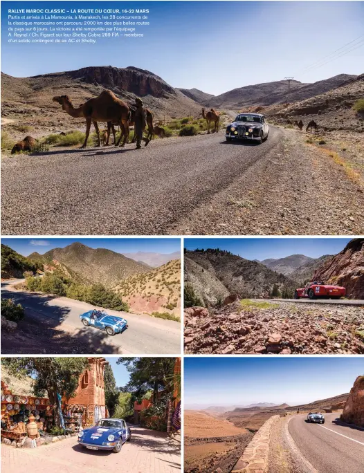  ??  ?? RALLYE MAROC CLASSIC – LA ROUTE DU COEUR, 16-22 MARS Partis et arrivés à La Mamounia, à Marrakech, les 28 concurrent­s de la classique marocaine ont parcouru 2 000 km des plus belles routes du pays sur 6 jours. La victoire a été remportée par l’équipage A. Raynal / Ch. Figaret sur leur Shelby Cobra 289 FIA – membres d’un solide contingent de six AC et Shelby.