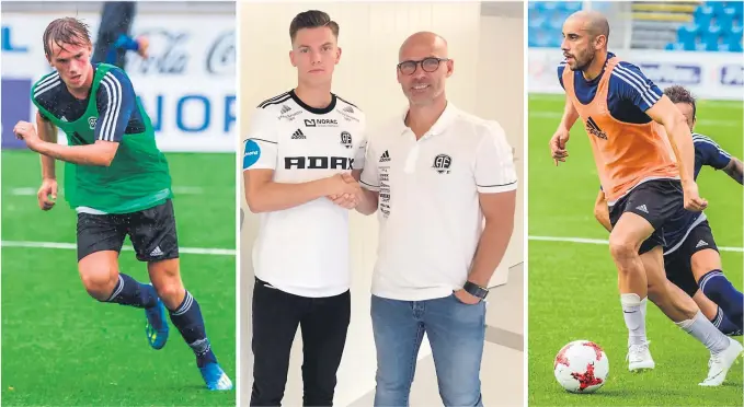  ?? FOTO: ELISABETH GROSVOLD OG ARENDAL FOTBALL ?? TRIO I BOKS: Conrad Wallem (t.v.), Stian Michalsen (her med trener Steinar Pedersen) og Balal Arezou har skrevet kontrakter med Arendal Fotball i 2. divisjon.