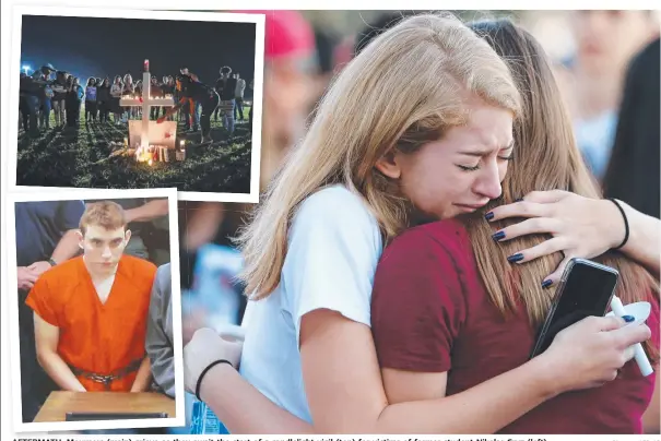  ?? Pictures: AFP, AP ?? AFTERMATH: Mourners (main) grieve as they await the start of a candleligh­t vigil (top) for victims of former student Nikolas Cruz (left).