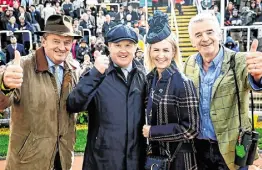  ?? ?? Above, from left, Eddie O’Leary, manager of Gigginstow­n House Stud, trainer Gordon Elliott, Anita O’Leary and Michael O’Leary after Stellar Story, with Sam Ewing up, won the Albert Bartlett Novices’ Hurdle