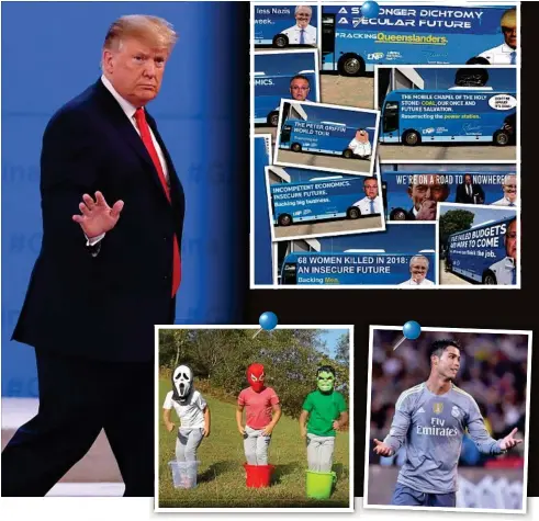  ??  ?? Some of the social media hits and misses of 2018 (clockwise from top left): The crazy Oval Office meeting of rapper Kanye West and President Donald Trump; PM Scott Morrison’s big blue bus quickly became the Meme Machine; the #letherspea­k campaign spread from Tasmania around the world; Nike’s campaign featuring Colin Kaepernick attracted the desired attention but divided opinions; the Daggy Dad found a subject he could get his teeth into while deflecting the flak caused by his Queensland bus trip; celebritie­s including Hugh Jackman joined the #kidsoffnau­ru campaign; footballer Cristiano Ronaldo is among the world’s best on the field but with more than 122 million Facebook followers he is the king of social media; Learn Your Bucket Colors proved the year’s biggest YouTube hit, even if no one is sure exactly how and why.