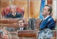 ?? DANA VERKOUTERE­N VIA AP ?? This courtroom sketch depicts Rick Gates on the witness stand as he is cross examined by defense lawyer Kevin Downing during the trial of former Donald Trump campaign chairman Paul Manafort on bank fraud and tax evasion at federal court in Alexandria, Va., Tuesday. U.S. District court Judge T.S. Ellis III presides.