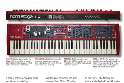  ??  ?? MORPHING PITCHBEND & MODS PORTABILIT­Y LEAD A1 SYNTH
Like Nord’s synths, the Stage 3 allows morphing of several parameters simultaneo­usly via a foot pedal, mod wheel or aftertouch.
Nord’s wooden pitchbend is way more expressive than a standard pitch...