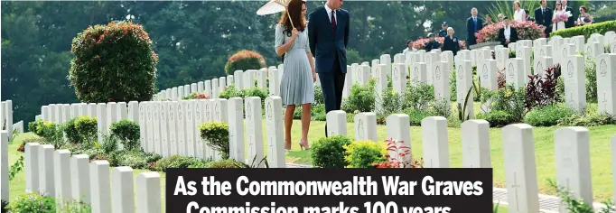  ??  ?? Royal respect: The Duke and Duchess of Cambridge visit the Kranji Commonweal­th war cemetery in Singapore