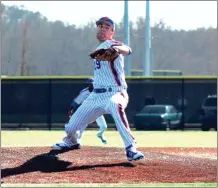  ?? GHC ATHLETICS ?? Georgia Highlands starter Drew Wilson delivers a pitch to the plate during Saturday’s game against Cuyahoga CC.