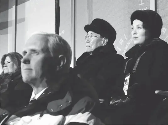  ?? PATRICK SEMANSKY / THE ASSOCIATED PRESS ?? Kim Yo Jong, top right, sister of North Korean leader Kim Jong Un, sits alongside the regime’s nominal head of state Kim Yong Nam, and behind U.S. Vice-President Mike Pence as she watches the opening ceremony of the Winter Olympics in Pyeongchan­g,...