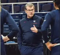  ?? Lori Van Buren / Albany Times Union ?? UConn coach Geno Auriemma talks to his players during practice the day before the Albany Regional of the NCAA Tournament in 2019.