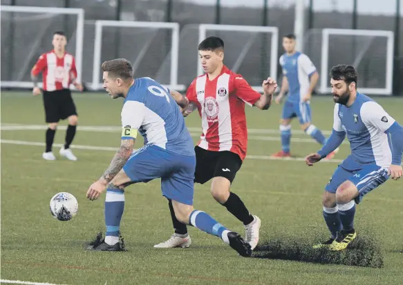  ??  ?? Sunderland West End (red/white) in action against Easington Colliery at the Ford Sports Hub Sports Complex on Saturday.