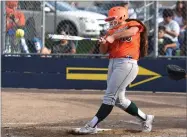  ?? RECORDER PHOTO BY CHIEKO HARA ?? Portervill­e High School's Anissa Gomez gets a hit Wednesday, April 25 during a game at Monache High School.