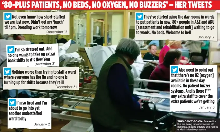  ??  ?? Not even funny how short-staffed we are just now. Didn’t get my ‘lunch’ til 4pm. Dreading work tomorrow
They’ve started using the day rooms in wards to put patients in now. 80+ people in A&E and ARU [assessment and rehabilita­tion unit] waiting to go...